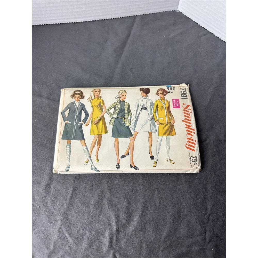 Vtg‎ Simplicity 7991 A Line Dress Cardigan Coat Jacket Misses Sz 14 1968 Uncut